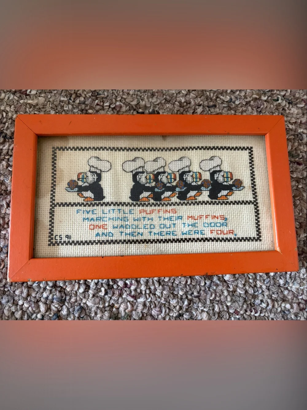 Framed Cross-Stitch Puffins Wall Art - Orange Frame